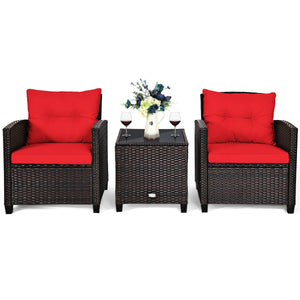 The strong and sturdy steel frame ensures the sturdiness of the set<br>Hand-woven rattan can withstand moderate rain or wind in outdoor<br>A wide armrest in suitable height is good for supporting and relaxing your arm<br>Thick and soft cushion with a high
