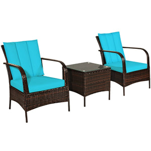 Durable and sturdy rattan and steel materials for long service time<br>The thick sponged cushion is soft and the cover is washable<br>Weatherproof materials ensure the furniture set is placed outside all year round<br>The coffee table has a tempered glass