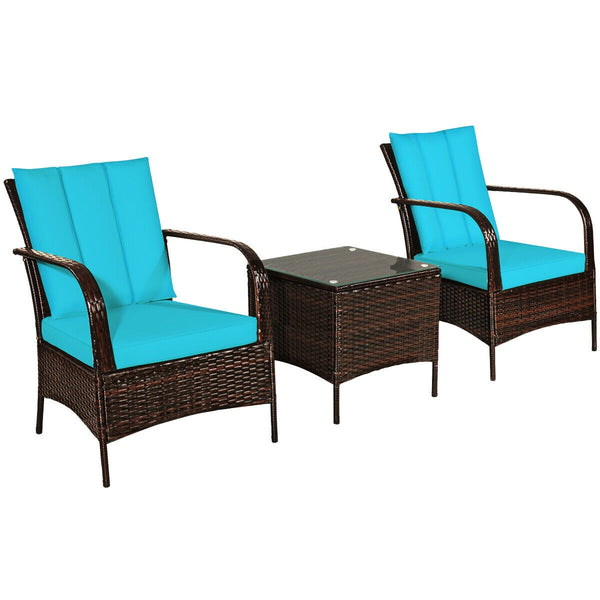 Durable and sturdy rattan and steel materials for long service time<br>The thick sponged cushion is soft and the cover is washable<br>Weatherproof materials ensure the furniture set is placed outside all year round<br>The coffee table has a tempered glass