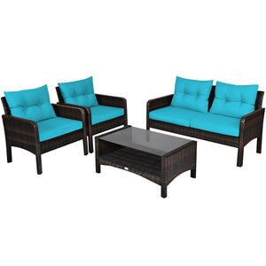 The rugged frame ensures sturdiness and stableness<br>Functional and beautiful design perfect for garden  backyard  and balcony<br>Rattan coffee table with tempered glass top and large storage space<br>Thick and comfortable cushions with removable cover<b
