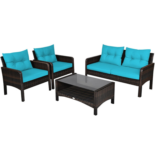 The rugged frame ensures sturdiness and stableness<br>Functional and beautiful design perfect for garden  backyard  and balcony<br>Rattan coffee table with tempered glass top and large storage space<br>Thick and comfortable cushions with removable cover<b