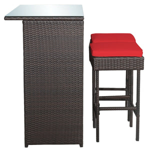 Strong metal frame and wrapped with rattan wicker<br>Including 2 stools and 1 table<br>Special design of the shelve for storage<br>Tempered glass top with good heat-durability<br>Soft and thick cushion provides comfortable sitting experience<br>Zippered c