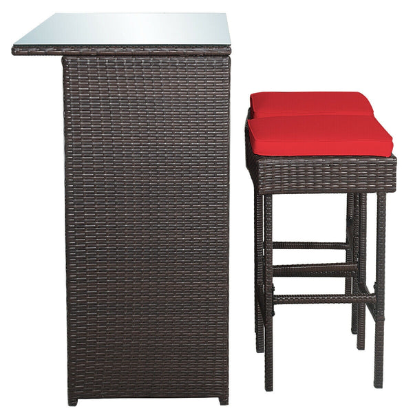 Strong metal frame and wrapped with rattan wicker<br>Including 2 stools and 1 table<br>Special design of the shelve for storage<br>Tempered glass top with good heat-durability<br>Soft and thick cushion provides comfortable sitting experience<br>Zippered c