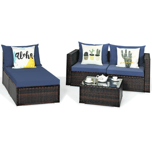 Package includes: 2 Corner chairs  1 Armless chair  1 Ottoman  1 Coffee table  4 Seat cushions  3 Back cushions  1 Instruction <br>Power-coated and solid steel frame adds sturdiness to the set <br>Tight and hand-woven rattan wraps the steel frame <br>Spac