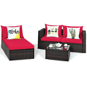 Package includes: 2 Corner chairs  1 Armless chair  1 Ottoman  1 Coffee table  4 Seat cushions  3 Back cushions  1 Instruction <br>Power-coated and solid steel frame adds sturdiness to the set <br>Tight and hand-woven rattan wraps the steel frame <br>Spac