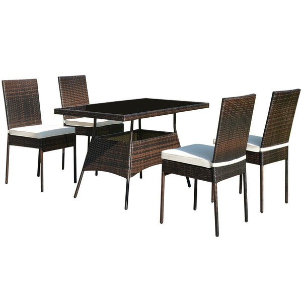 High-quality steel materials can ensure to last<br>Durable and weather-resistant PE rattan provides a long service life<br>The dining table with a tempered glass top provides spacious dining space<br>The cushions with hook and loop fasteners make you feel