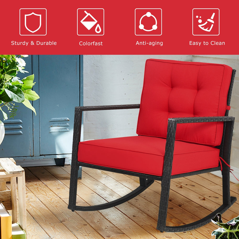 Sturdy and durable frame with exquisite rattan <br>Comfortable and safe rocking function <br>Thick and soft cushion for seat and back <br>Cushions are fixed by strings to prevent a move <br>Pads at the bottom can avoid sliding and protect rattan <br>Desig