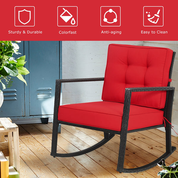 Sturdy and durable frame with exquisite rattan <br>Comfortable and safe rocking function <br>Thick and soft cushion for seat and back <br>Cushions are fixed by strings to prevent a move <br>Pads at the bottom can avoid sliding and protect rattan <br>Desig