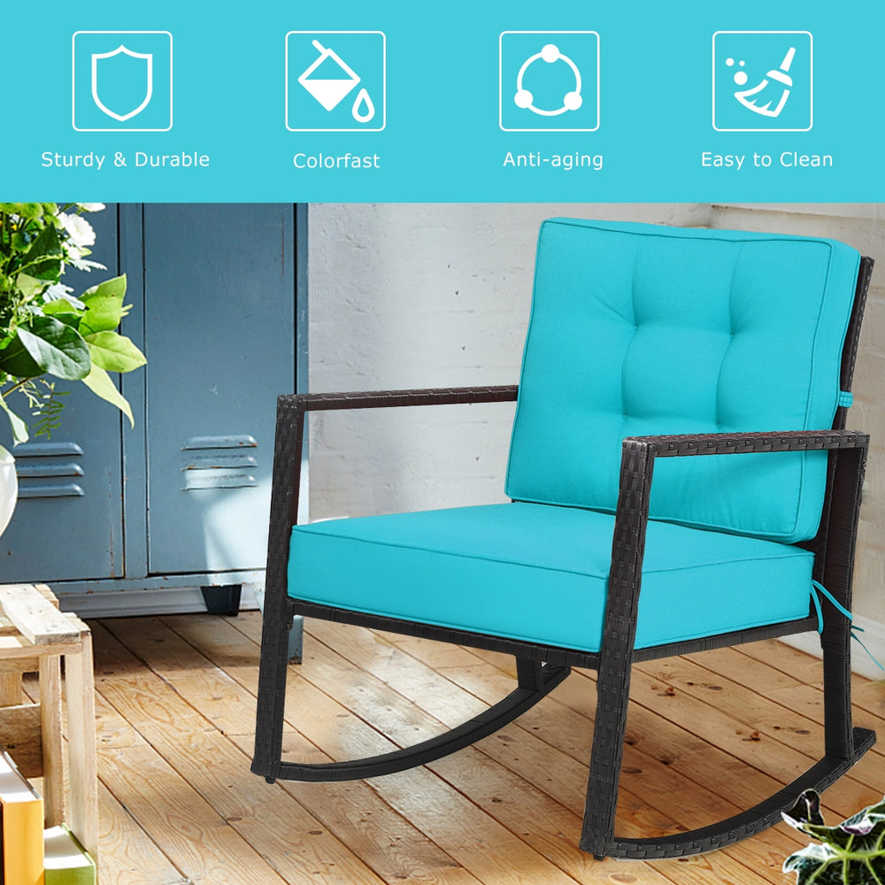 Sturdy and durable frame with exquisite rattan <br>Comfortable and safe rocking function <br>Thick and soft cushion for seat and back <br>Cushions are fixed by strings to prevent a move <br>Pads at the bottom can avoid sliding and protect rattan <br>Desig