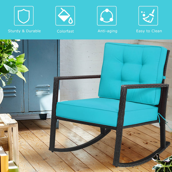 Sturdy and durable frame with exquisite rattan <br>Comfortable and safe rocking function <br>Thick and soft cushion for seat and back <br>Cushions are fixed by strings to prevent a move <br>Pads at the bottom can avoid sliding and protect rattan <br>Desig