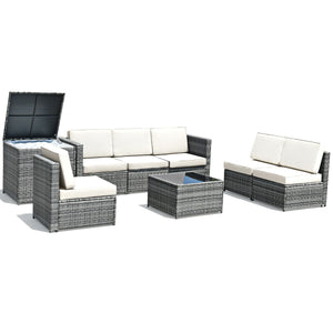 Including 6 sofas  1 storage box  1 coffee table  6 seat cushions and 6 back cushions <br>Sturdy iron frame and premium rattan for better durability <br>Large load-bearing capacity-- 360 lbs for each sofa and 110 lbs for coffee table <br>A storage box as 