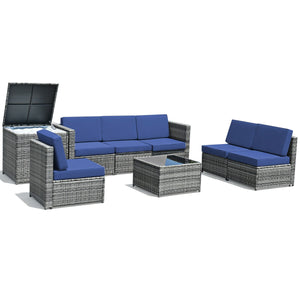 Including 6 sofas  1 storage box  1 coffee table  6 seat cushions and 6 back cushions <br>Sturdy iron frame and premium rattan for better durability <br>Large load-bearing capacity-- 360 lbs for each sofa and 110 lbs for coffee table <br>A storage box as 