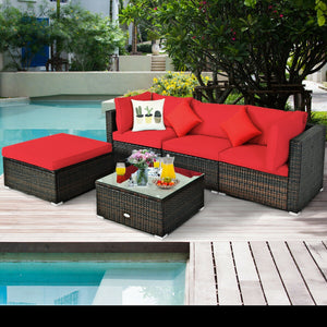 Including 1 armless sofa  2 corner sofas  1 ottoman  and 1 coffee table for a versatile use<br>Sturdy steel frame and durable PE rattan for long time use<br>4'' thick cushions to provide extraordinary comfort<br>Equipped with 2 extra soft pillows for bett