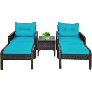Includes 2 single chairs  2 ottomans and a side table<br>Heavy-duty metal frame with great sturdiness<br>All-weather PE rattan durable for outdoor use<br>Long-lasting tempered glass table smooth for wiping<br>3" thick cushions for excellent softness<br>Re