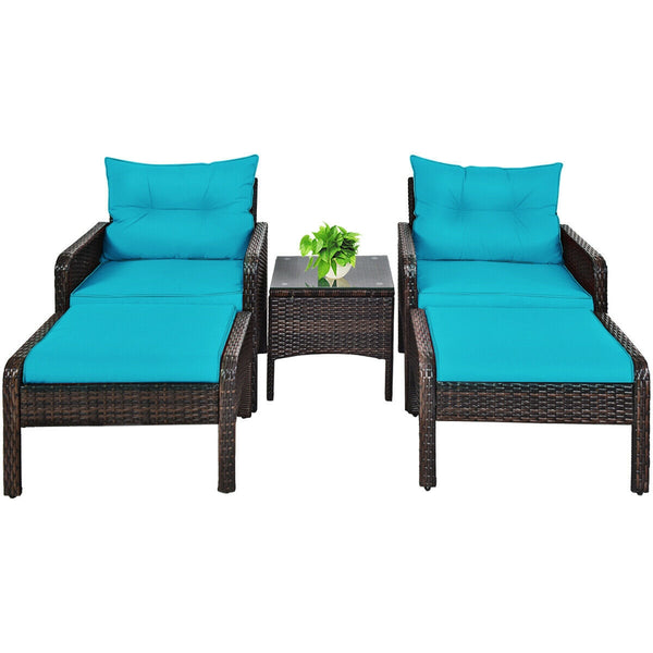 Includes 2 single chairs  2 ottomans and a side table<br>Heavy-duty metal frame with great sturdiness<br>All-weather PE rattan durable for outdoor use<br>Long-lasting tempered glass table smooth for wiping<br>3" thick cushions for excellent softness<br>Re