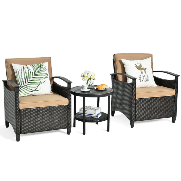 It is made of high-quality rattan material and a heavy-duty steel frame  which is solid and durable for outdoor use.  Anti-skid mats at the bottom ensure the overall stability and protect the floor. And the rust-resistant tabletop is easy to clean and the
