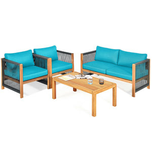 Solid and hard wooden frame enhances sturdiness of the set. <br>Rearrangeable in various configurations to meet your varying needs <br>Thick and soft cushions provide an excellent comfort. <br>Elegant and tight nylon rope decorated armrest. <br>Zipper int