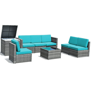 Including 6 sofas  1 storage box  1 coffee table  6 seat cushions and 6 back cushions <br>Sturdy iron frame and premium rattan for better durability <br>Large load-bearing capacity-- 360 lbs for each sofa and 110 lbs for coffee table <br>A storage box as 