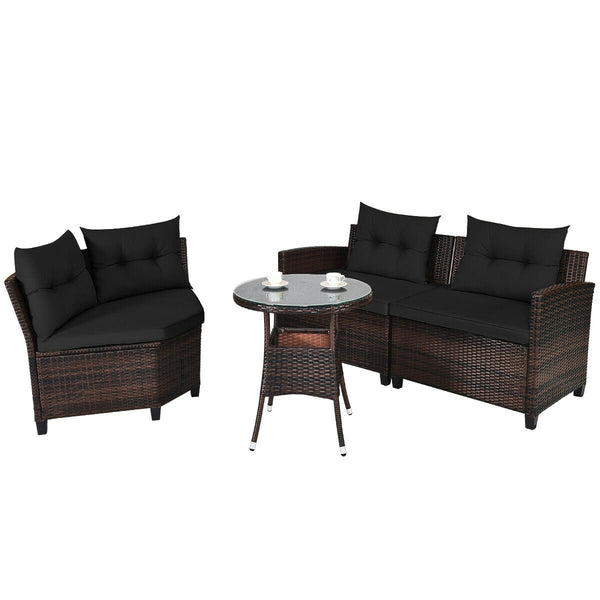 The sturdy and durable steel frame ensures sturdiness of the set<br>Tight and hand-woven rattan can withstand moderate rain or wind<br>Thick and soft cushion with a high-density sponge for your hip and back<br>Cover with the zipper of the seat cushion is 