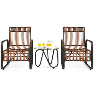 This patio furniture set includes 2 single chairs and a side table. You can place it on the patio  balcony  garden  poolside  or any other place in your home. Â  This wicker bistro set with a classic design will add a sense of elegance to your space. Sing