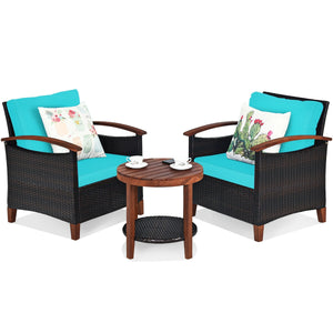 Made of tightly woven all-weather rattan to ensure durability<br>Acacia wood frame and thickened legs provide powerful support<br>The space-saving table can be used as an end table  side table  or coffee table<br>Thick cushions filled with premium sponge 