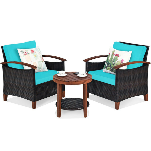 Made of tightly woven all-weather rattan to ensure durability<br>Acacia wood frame and thickened legs provide powerful support<br>The space-saving table can be used as an end table  side table  or coffee table<br>Thick cushions filled with premium sponge 