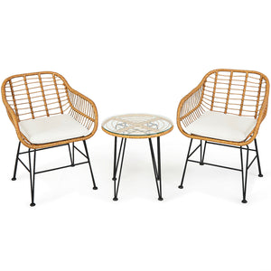 Premium wicker ensures high resistance to weather/sunlight/water<br>Heavy-duty steel frame with rust-resistant powder coated surface<br>High density sponge padded cushions provide great comfort<br>Tempered glass tabletop to place small decor  snacks and d