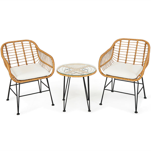 Premium wicker ensures high resistance to weather/sunlight/water<br>Heavy-duty steel frame with rust-resistant powder coated surface<br>High density sponge padded cushions provide great comfort<br>Tempered glass tabletop to place small decor  snacks and d