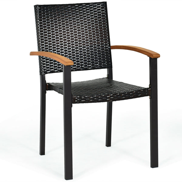 Dive into a rollicking good time with this patio rattan chairs! Â  The patio chairs come with mix-brown rattan weaving and rust-proof galvanized steel outline that hand over trendy outdoor collections with lasting quality. The stackable feature makes stor