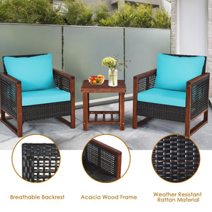 Please avoid rain exposure for longer serving time.<br>Package includes 2 sofas  1 table  2 seat cushions  2 back cushions and instruction<br>Made of all-weather rattan  sturdy and durable<br>Acacia wood frame and unique base provide powerful support<br>A