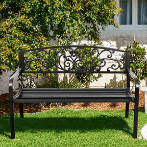 This bench can put in park  backyard  garden  deck  patio  etc.  providing you space to have a rest. Â  Made of steel  the bench has sturdy and durable construction. It features a mesh style on the backrest. The bench is simple yet elegant  can be a good 