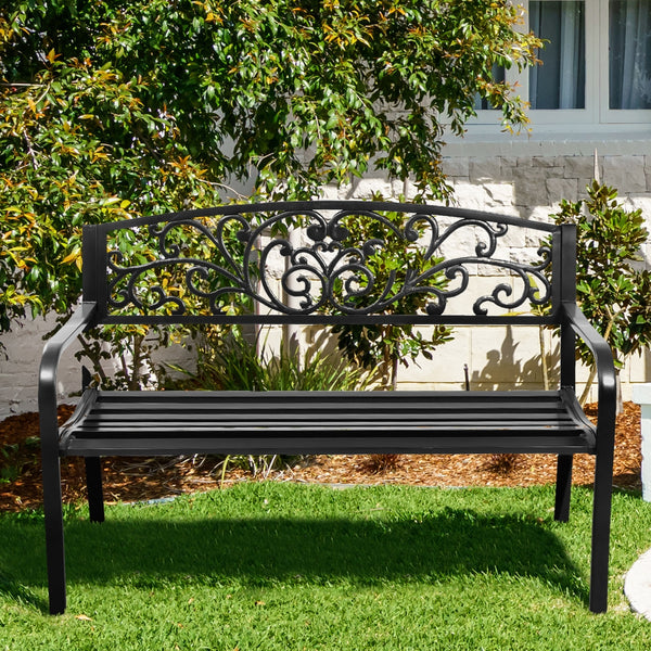 This bench can put in park  backyard  garden  deck  patio  etc.  providing you space to have a rest. Â  Made of steel  the bench has sturdy and durable construction. It features a mesh style on the backrest. The bench is simple yet elegant  can be a good 