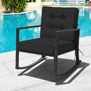 Sturdy and durable frame with exquisite rattan <br>Comfortable and safe rocking function <br>Thick and soft cushion for seat and back <br>Cushions are fixed by strings to prevent a move <br>Pads at the bottom can avoid sliding and protect rattan <br>Desig