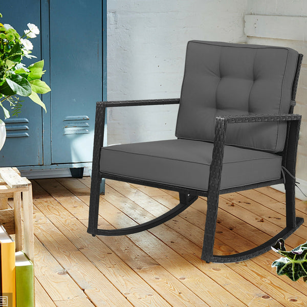 Sturdy and durable frame with exquisite rattan <br>Comfortable and safe rocking function <br>Thick and soft cushion for seat and back <br>Cushions are fixed by strings to prevent a move <br>Pads at the bottom can avoid sliding and protect rattan <br>Desig