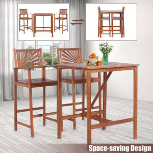 This patio bar set includes 1 bar table and 2 bar stools. Â  As a simple but elegant design with high durability and great comfort  our bar set will be your fabulous companion during outdoor leisure time. Made of high-quality acacia wood  the patio set po