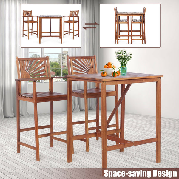 This patio bar set includes 1 bar table and 2 bar stools. Â  As a simple but elegant design with high durability and great comfort  our bar set will be your fabulous companion during outdoor leisure time. Made of high-quality acacia wood  the patio set po