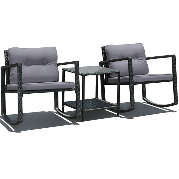Including 1 table with tempered glass top and 2 rocking chairs <br>Sturdy and heavy steel frame ensures large weight capacity <br>High-quality PE wicker can withstand the moderate change in weather <br>Slightly sloping back and seat of the rocking chair o