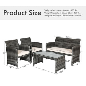 Rattan patio set includes one loveseat  two single chairs and one coffee table. <br>Made of high-quality rattan with strong built-in frame structure <br>Functional and beautiful design perfect for garden  backyard and balcony <br>Rattan coffee table with 