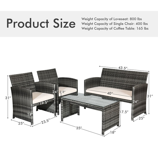 Rattan patio set includes one loveseat  two single chairs and one coffee table. <br>Made of high-quality rattan with strong built-in frame structure <br>Functional and beautiful design perfect for garden  backyard and balcony <br>Rattan coffee table with 