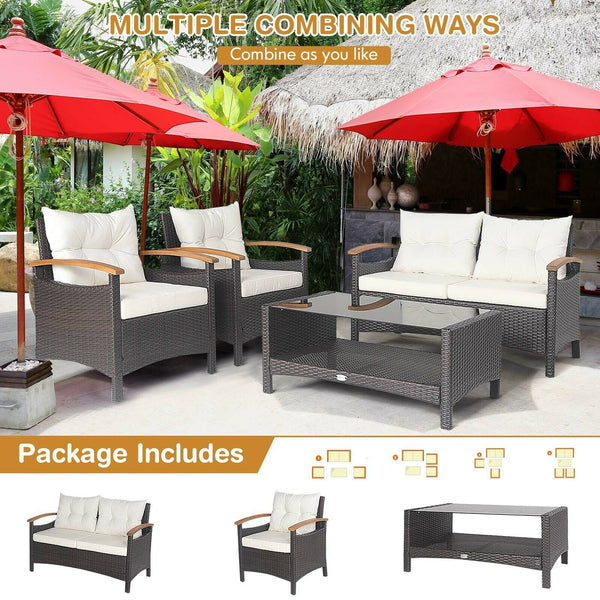 This 4-piece patio rattan conversation set will be a perfect addition to your backyard or other outdoor occasions. Â  Constructed of heavy-duty and anti-rust steel frame  all the loveseat  single sofas and coffee table can withstand strong weight. And the