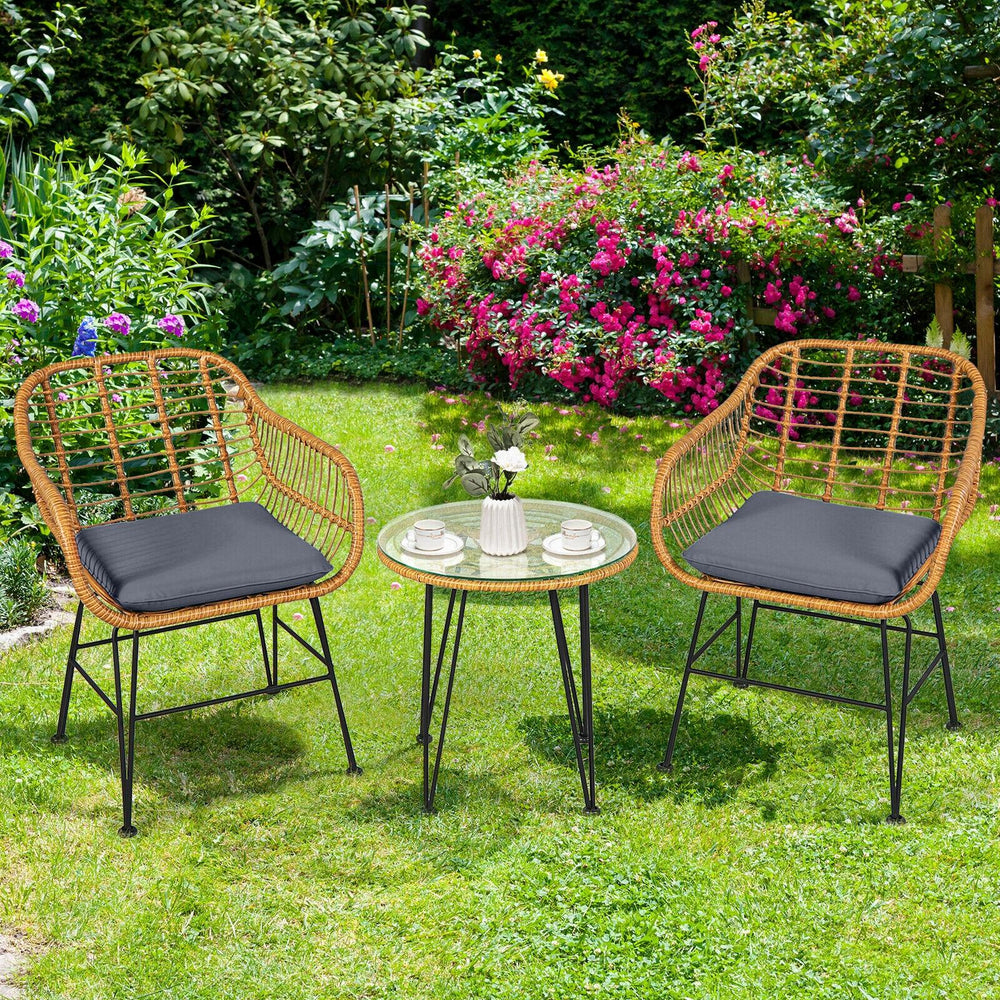 Premium wicker ensures high resistance to weather/sunlight/water<br>Heavy-duty steel frame with rust-resistant powder coated surface<br>High density sponge padded cushions provide great comfort<br>Tempered glass tabletop to place small decor  snacks and d