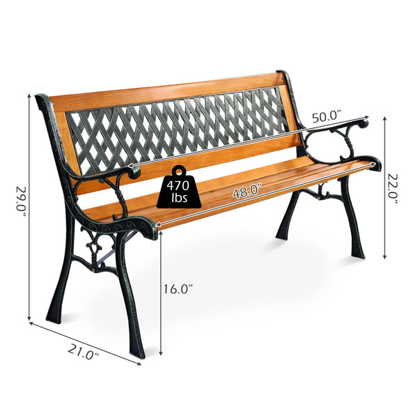 It consists of well-painted iron cast structure  solid wood seat and backrest frame  and PVC backrest pattern. <br>It comes with a size of 49.5" x 20.5" x 29" and features a strong load-bearing capacity of up to 463 lbs. <br>It's able to comfortably seat 