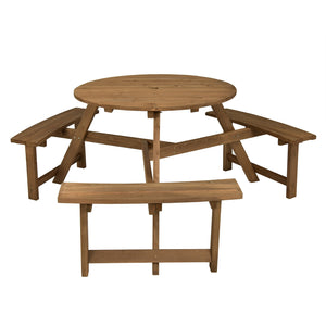 Have a wonderful gathering time with this round wooden picnic table! Â  Holding up to 6 people  this round wooden picnic table is suitable for family or friends gathering to spend an enjoyable leisure time. In order to build a durable outdoor round picnic
