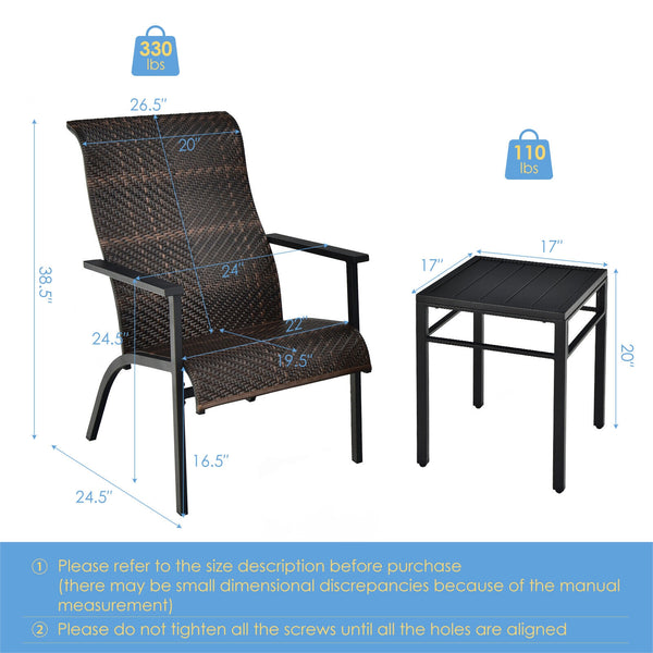 Made of weather-resistant PE rattan and thickened steel pipes with powder coating  this outdoor bistro set can stand the test of time. Â  Which also can be a beautiful addition to your garden  lawn  backyard  patio  balcony or other indoor areas. With com
