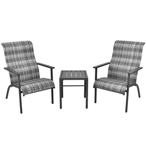 Made of weather-resistant PE rattan and thickened steel pipes with powder coating  this outdoor bistro set can stand the test of time. Â  Which also can be a beautiful addition to your garden  lawn  backyard  patio  balcony or other indoor areas. With com