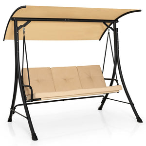 This outdoor porch swing with canopy can provide you with comfortable sitting feeling  letting you have a good leisure time and relieve stress. Â  The porch swing features heavy-duty steel frame  triangular base and solid springs hooks  bearing up to 800 