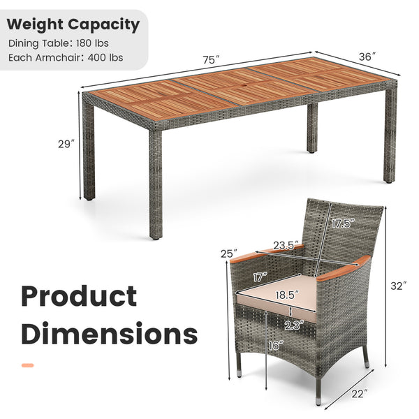 Acacia wood tabletop and armrests add more elegance<br>Appealing rattan surface withstands outdoor use<br>Comfortable to sit with soft padded cushions<br>Zippered cushion cover for easy maintenance<br>Large double-sized patio umbrella for better relaxing 