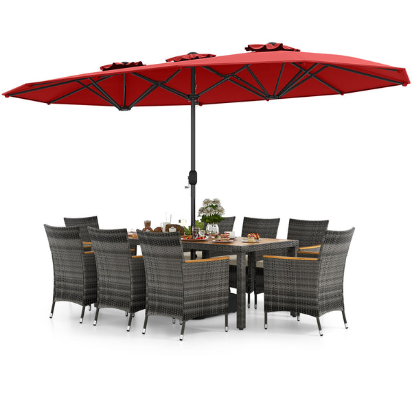 Acacia wood tabletop and armrests add more elegance<br>Appealing rattan surface withstands outdoor use<br>Comfortable to sit with soft padded cushions<br>Zippered cushion cover for easy maintenance<br>Large double-sized patio umbrella for better relaxing 