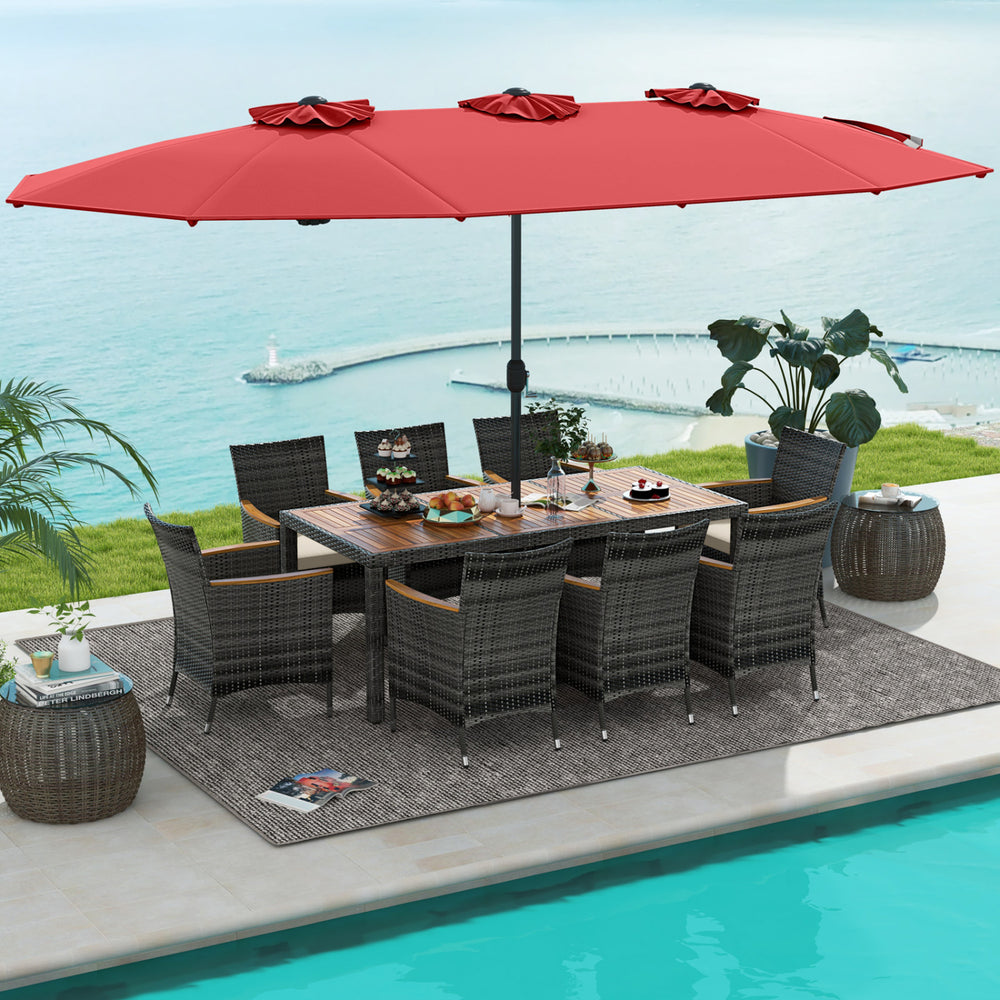 Acacia wood tabletop and armrests add more elegance<br>Appealing rattan surface withstands outdoor use<br>Comfortable to sit with soft padded cushions<br>Zippered cushion cover for easy maintenance<br>Large double-sized patio umbrella for better relaxing 