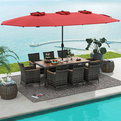 Acacia wood tabletop and armrests add more elegance<br>Appealing rattan surface withstands outdoor use<br>Comfortable to sit with soft padded cushions<br>Zippered cushion cover for easy maintenance<br>Large double-sized patio umbrella for better relaxing 